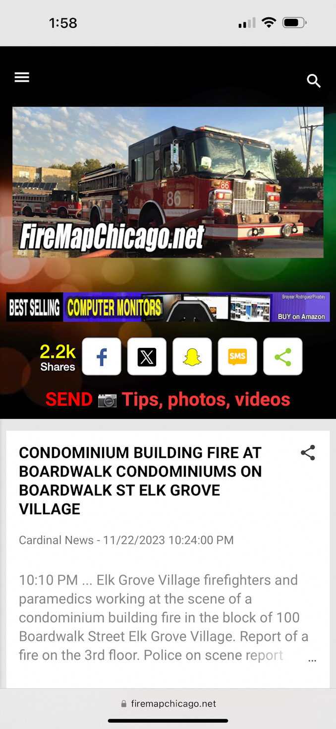 FireMapChicago.net screen shot showing the "Hamburger Menu" upper left, and the Search icon, upper right (SOURCE: FireMapChicago.net/CARDINAL NEWS)